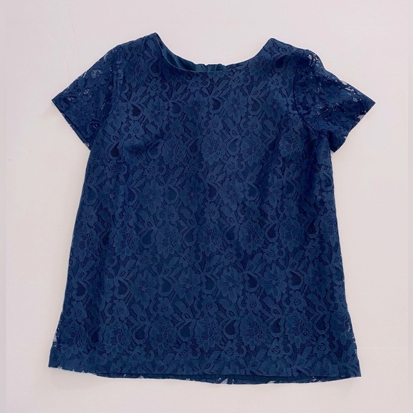 Navy Short Sleeve Fully Lined Lace Blouse, Medium - Picture 5 of 8